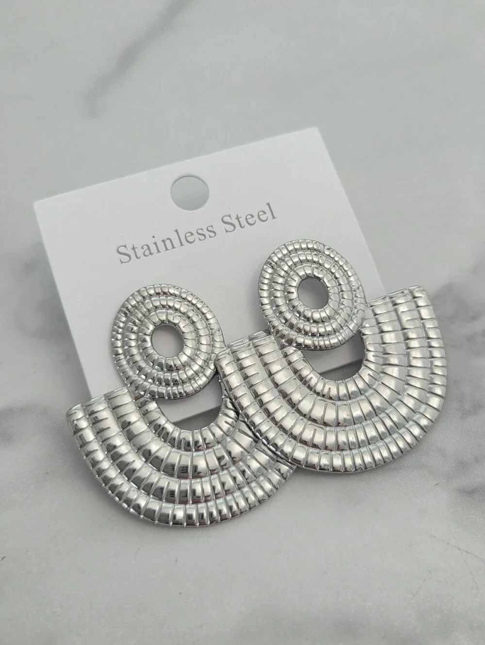 Stainless Steel Silver Textured Fan Dangle Earrings - Picture 3 of 14